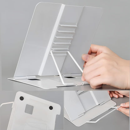 Azheeujy Metal Book Stand Folding Reading Book Holder with 6 Adjustable Angles and Paper Page Clip,Sturdy Desktop Book Holder for Cookbook,Magazine,Textbooks,Document,Music Book,Laptop,Tablet (Black)