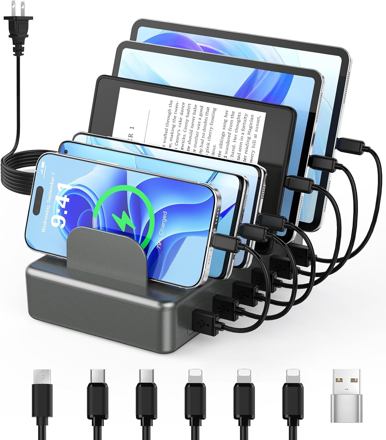 CREATIVE DESIGN 50W 6 Ports Multi Charger Station with 6 Charging Cables, USB Charging Dock for Multiple Devices, Compatible with Cellphone iPad Kindle Tablet and Other Electronic Devices