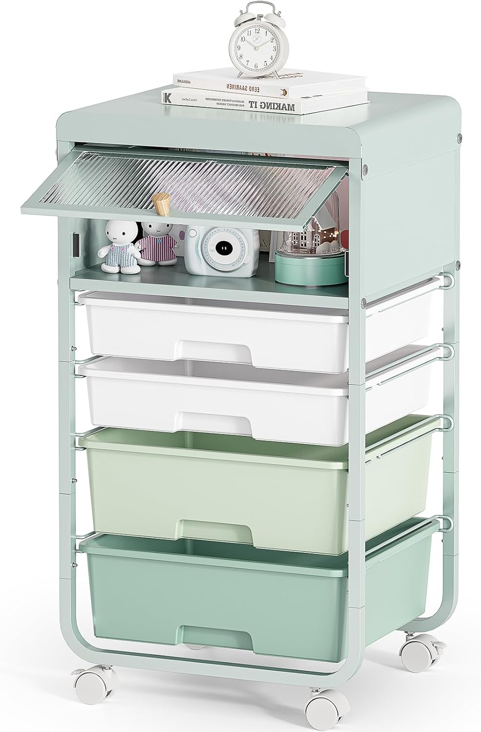 SYKIARIOL Utility-Rolling-Storage-Drawer-Craft-Cart-Organizers with 4 Drawers & Dust-proof Door for Kid Craft Art Room,Bedroom,Home Office, 4 Tiers Drawer cart, Green