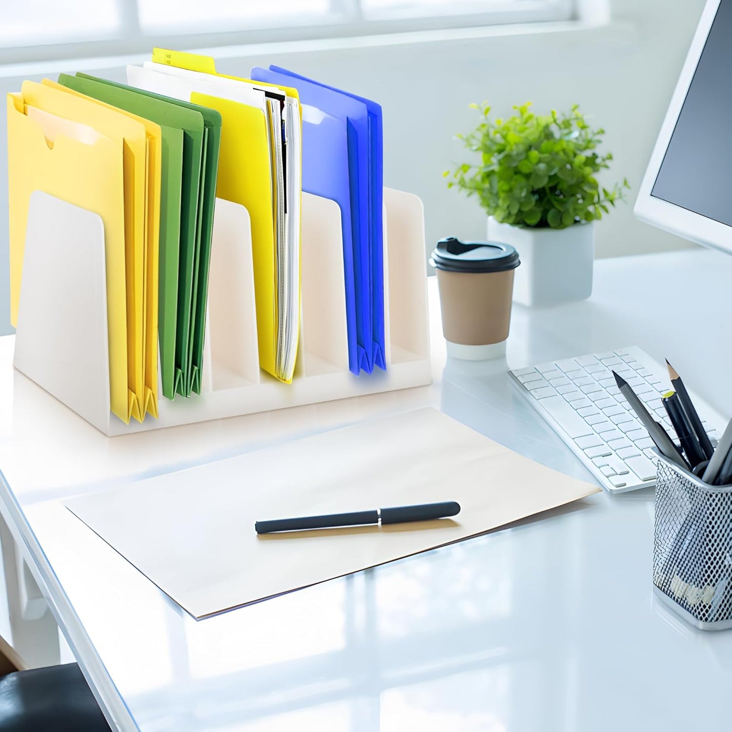 Desktop File Organizer, Mail Organizer, 7 Compartments Office File Sorter, for Easy access to your files, Invoices, Letters and more - 4.5" Height x 8.8" Width x 5.5" Depth - White, Eco-Friendly