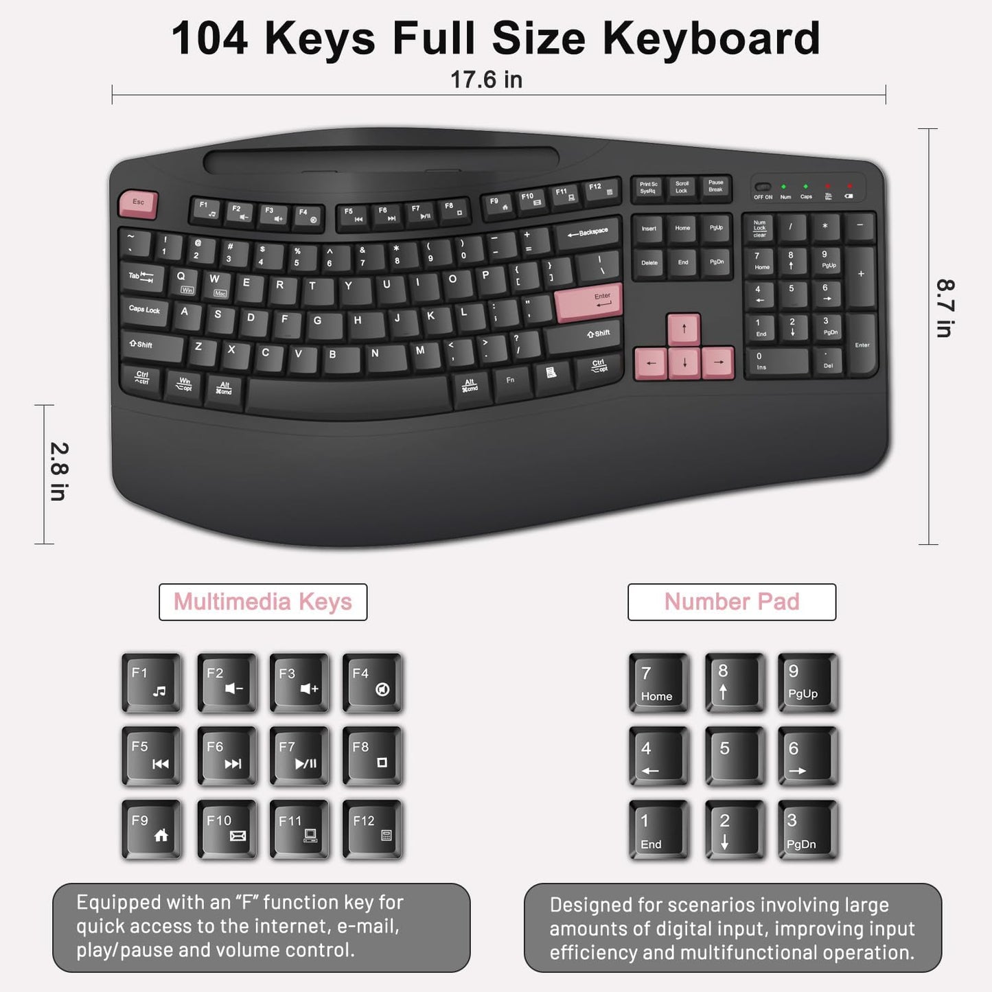 Wireless Keyboard and Mouse Combo, 2.4G Full Size Wave Keys Ergonomic Keyboard with Wrist Rest, Phone Holder, 3-Level DPI Wireless Silent Mouse with 6-Buttons, for Windows, Mac OS, Laptop, PC (Black)
