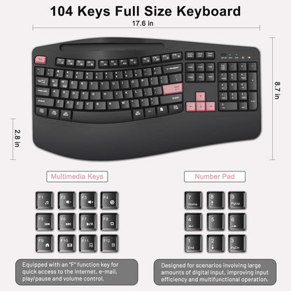 Wireless Keyboard and Mouse Combo, 2.4G Full Size Wave Keys Ergonomic Keyboard with Wrist Rest, Phone Holder, 3-Level DPI Wireless Silent Mouse with 6-Buttons, for Windows, Mac OS, Laptop, PC (Black)