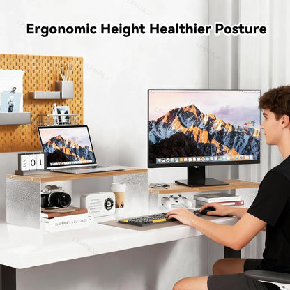 YGYQZ Adjustable Monitor Stand Riser with Acrylic Legs丨7.67" Wide Dual Monitor Stand for Desk丨2-Tier Wood Desktop Organizer for Computer, Laptop, Printer & PC丨Modern Aesthetic Desk Shelf(wood-flat)
