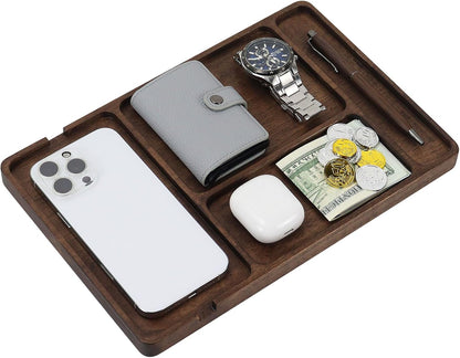 MultiBey Walnut Wood EDC Catch‑All Tray - Solid Black Walnut Valet Tray, Hand‑Polished Rounded Edges, Desk & Entryway Organizer for Keys, Wallets, Watches & Phones