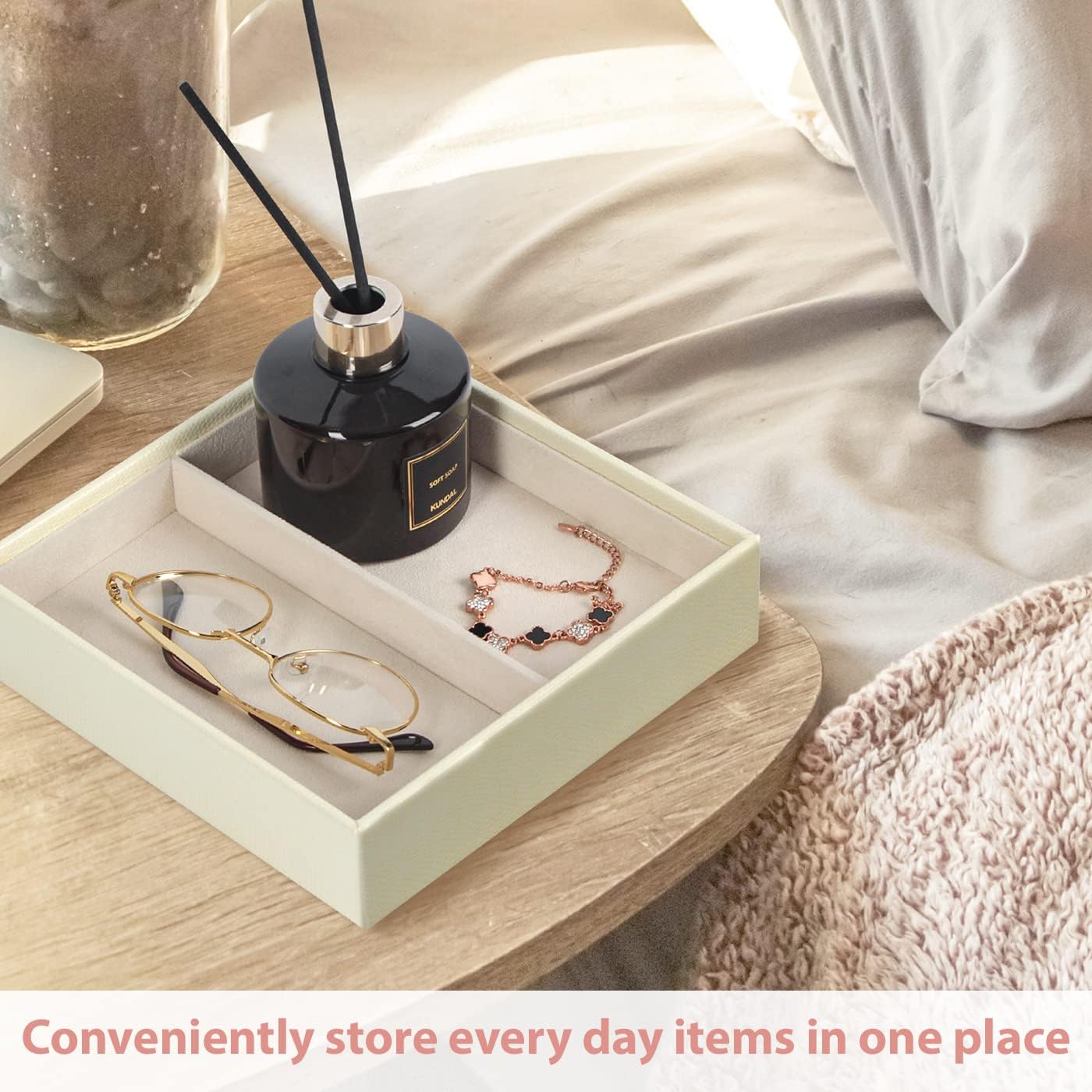 JACKCUBE Design Leather Valet Tray, Catchall Storage Women Vanity Nightstand Tray for Keys, Phones, Jewelry, Makeup, Perfume, Watches (Ivory) - MK1092B