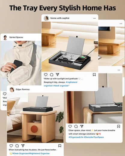 Valet Tray, Built in Wireless Charging Pad, Nightstand Organizer, Dresser Organizer, Mens Jewelry Box, Valet Charging Station, Faux Leather Valet Tray for Men and Women (Black+Wireless)