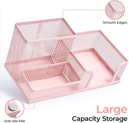 M&G Mesh Pen Holder Desk Organizers Pencil Holder for Desk Black, 3 Compartments Metal Office Supply Organizer with Sticky Notes Holder for School Home Office