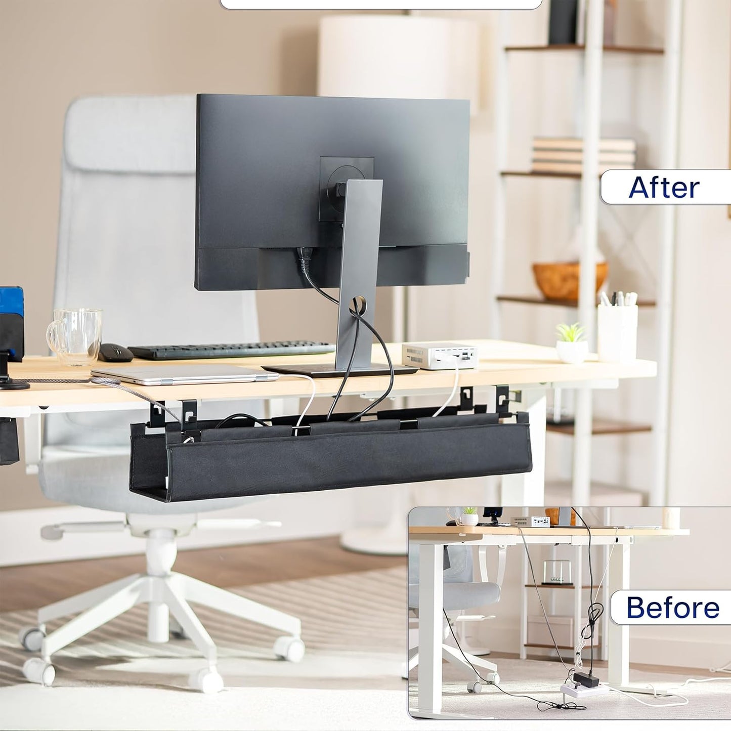 VIVO Screw-on Under Desk 47 inch Fabric Cable Management Tray, Wire Concealer, Power Strip Storage, Workspace Organization, Easy Fold Down Access, Black, DESK-AC47F-S