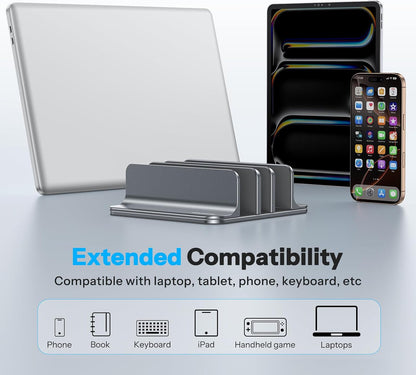 OMOTON Vertical Laptop Stand [Updated 3-Slots Version], Desktop Aluminum Mac Book Stand with Adjustable Dock Size, Fits All Mac Book, Chrome Book and Gaming Laptops (Up to 17.3 inch), Starlight