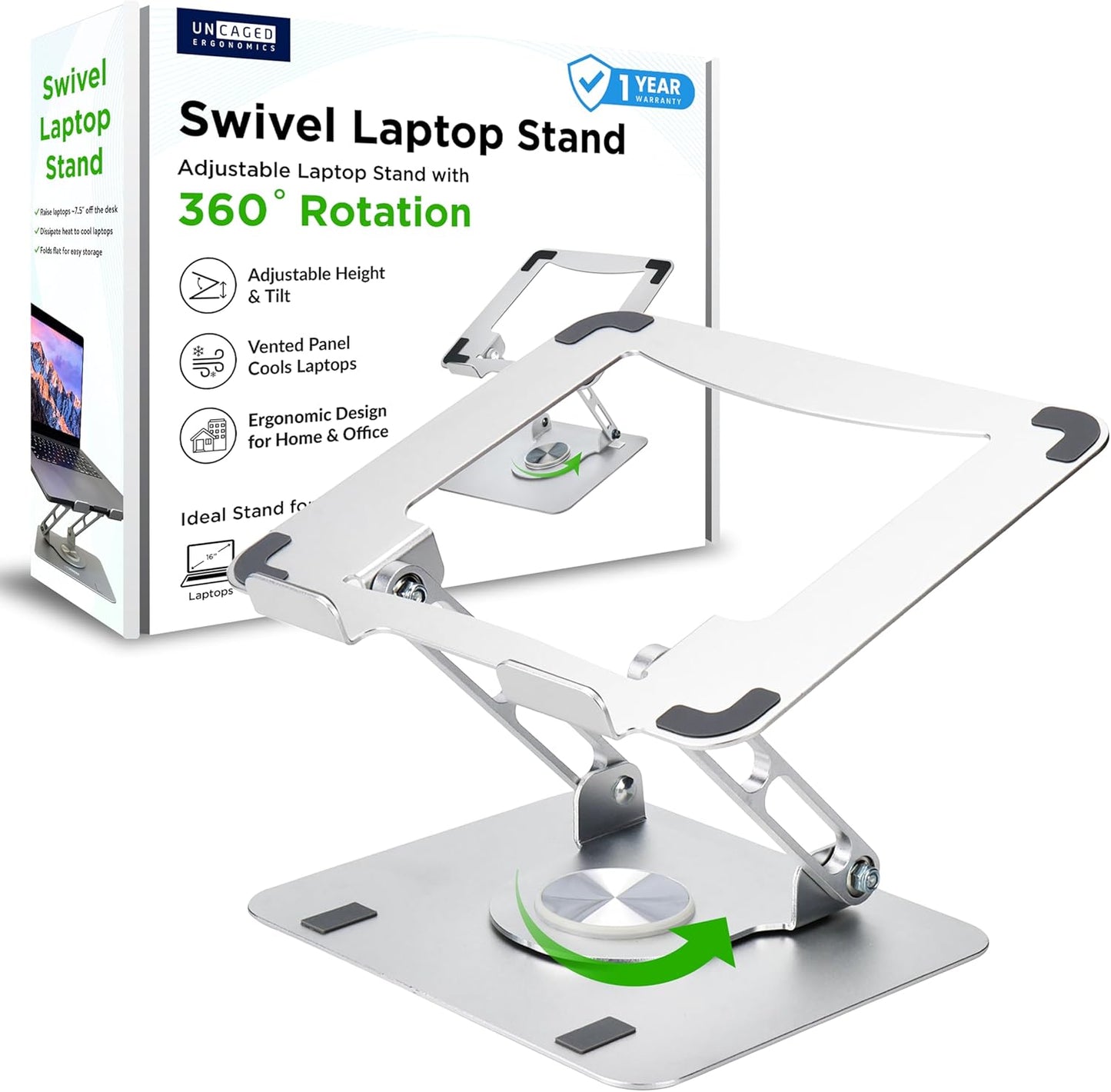 Uncaged Ergonomics Swivel Laptop Stand for Desk, Adjustable Computer iPad Stand for Desk w/ 360 Rotation, Portable Laptop Holder for Home Office Ergonomic Supplies (Black)