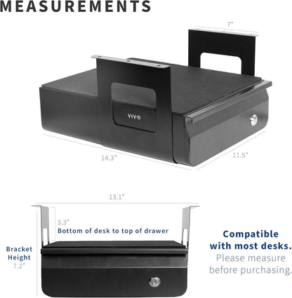 VIVO 13 Inch Under Desk Lockable Slide Out Drawer, Secure Home Office Storage Organizer, Steel, Black, DESK-AC03L-B