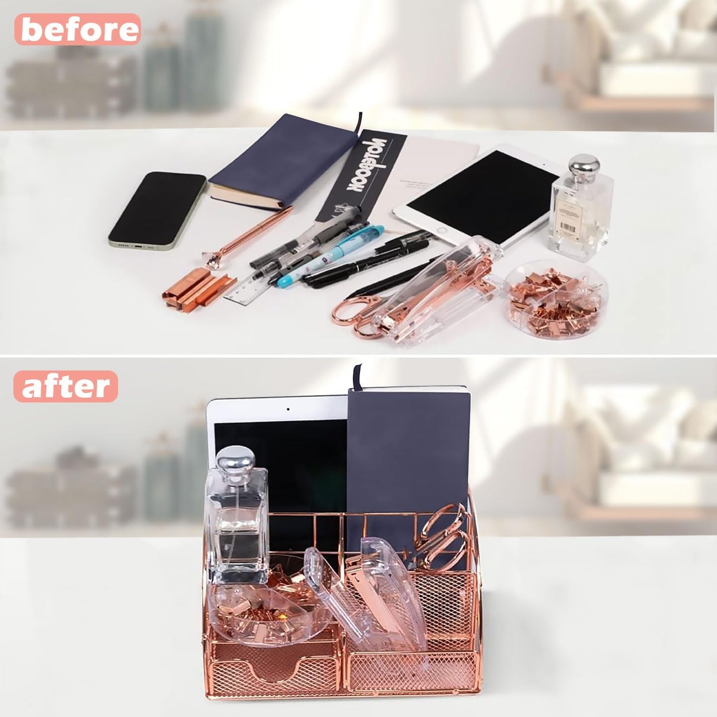 Office Desk Organizers, Rose Gold 13PCS Office Supplies and Accessories Desk organizer, Acrylic Stapler, Staple Remover, Clips, Scissor, Phone Holder, Pen, Pen Holder (Rose Gold)