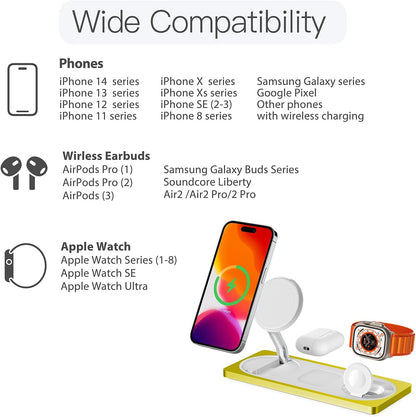 3-in-1 Charging Station for Apple Devices: Used for iPhone and Watch Charging Station with Magsafe Charger Stand, Wireless Charger for iPhone 17 Air 16 15 14 13 Series, Apple Watch Ultra, AirPods Pro