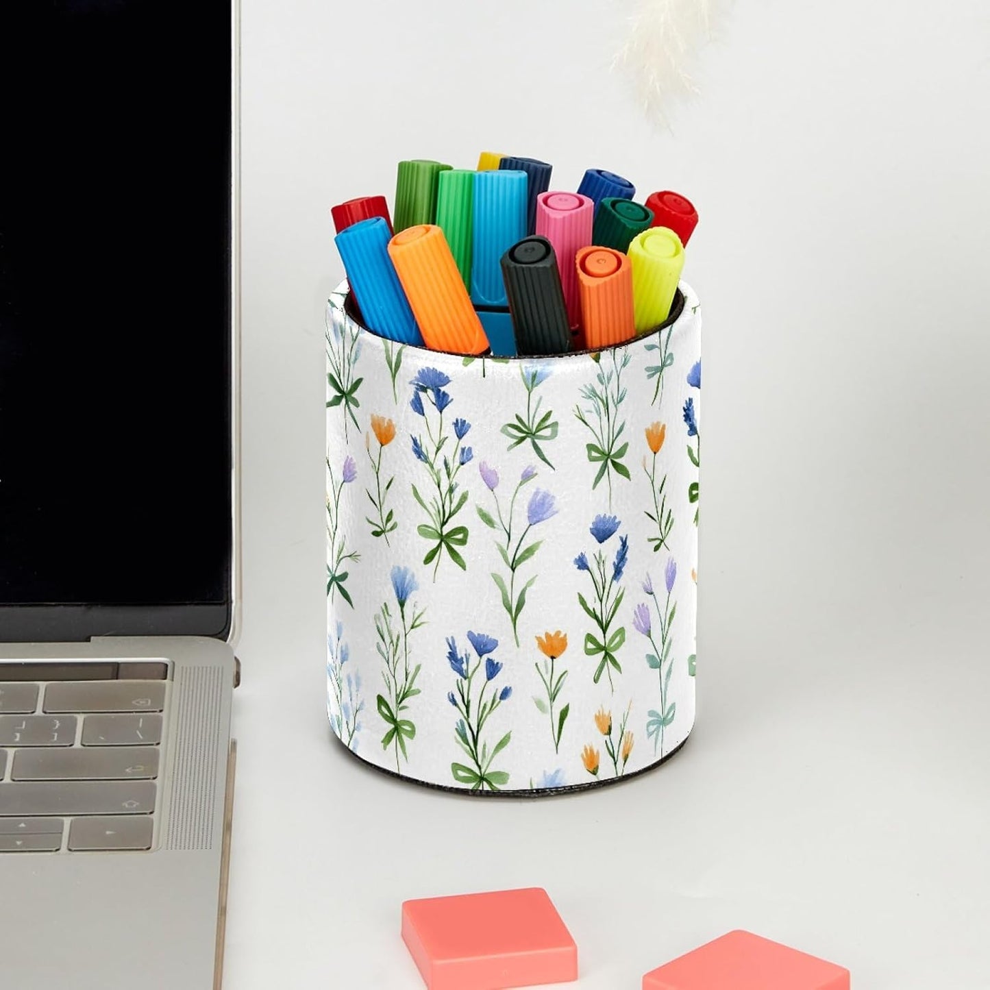 Leather Pen Holder for Desk, Love Cherry Pencil Organizer Pencil Cup Desk Decor Makeup Brush Holder Multifunctional Office Supplies for Home,Office, School