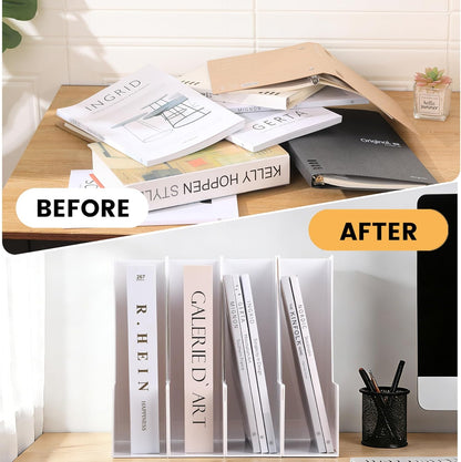 CiWiVOKi Vertical Magazine File Holder, Desk Organizer and Storage for Magazines, Binders, Notebooks, Envelopes, Multi-Purpose Desktop File Organizer for Home, Office & Classroom, 4 Pack, Black