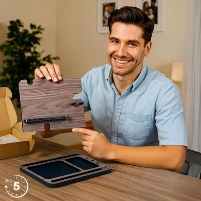 Namore Wood Phone Docking Station for Men – Nightstand & Desk Organizer with Valet Tray for Wallet, Watch & Keys – Bedside Organizer Gift for Husband or Dad