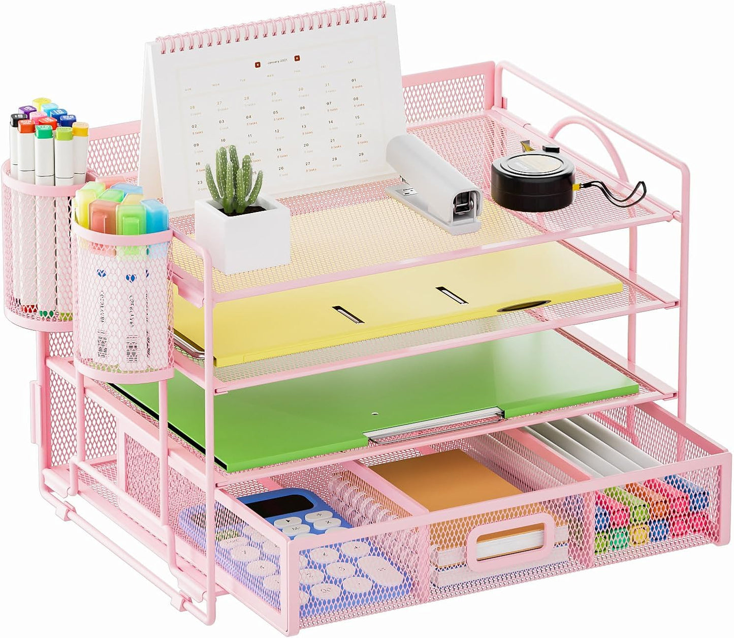 Marbrasse Desk Organizer and Accessories，4-Tier Paper Letter Tray Organizer with File Holder，Desk Accessories & Workspace Desktop Organizers for School Home Office Supplies (Blue)