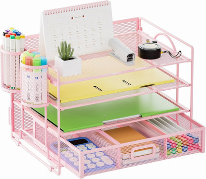 Marbrasse Desk Organizer and Accessories，4-Tier Paper Letter Tray Organizer with File Holder，Desk Accessories & Workspace Desktop Organizers for School Home Office Supplies (Blue)