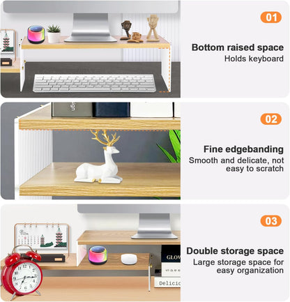 YGYQZ Adjustable Monitor Stand Riser with Acrylic Legs丨7.67" Wide Dual Monitor Stand for Desk丨2-Tier Wood Desktop Organizer for Computer, Laptop, Printer & PC丨Modern Aesthetic Desk Shelf(wood-flat)