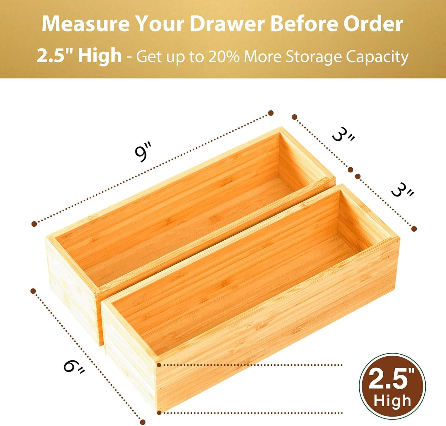 Umilife Bamboo Kitchen Drawer Organizer, Extra High Silverware Tray, Flatware Cutlery Storage Box, Multi-Use Holder in Office, Bathroom, Pantry - 9"x6"x2.5" (Set of 2)