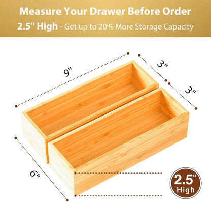 Umilife Bamboo Kitchen Drawer Organizer, Extra High Silverware Tray, Flatware Cutlery Storage Box, Multi-Use Holder in Office, Bathroom, Pantry - 9"x6"x2.5" (Set of 2)