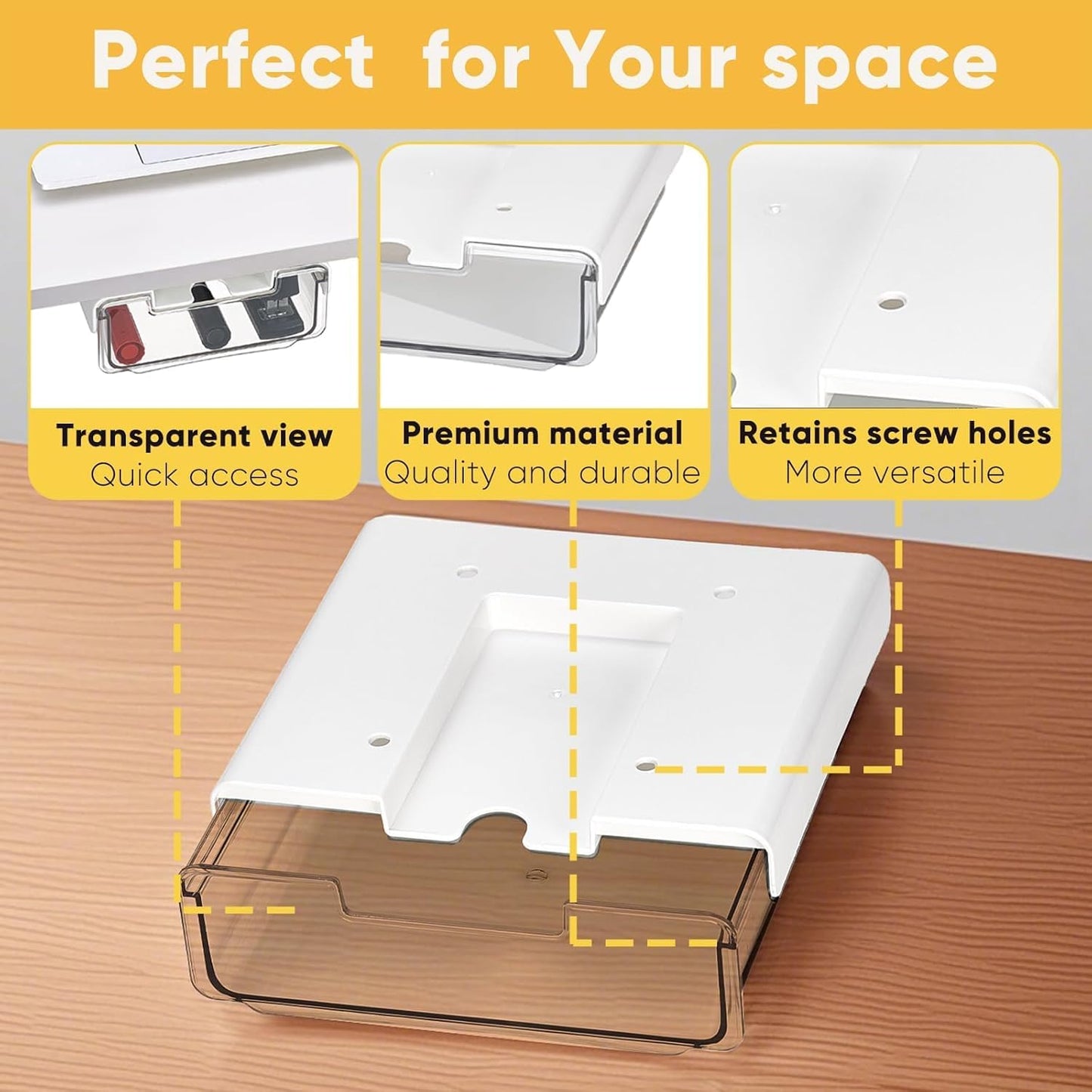 2 Pack Under Desk Hanging Drawer Slide Pull Out, Attachable Clear Acrylic Storage Tray, Easy Hidden Self Adhesive Mount Cabinet Shelf Holder for Tables, Home & Office, Counters, Workstation