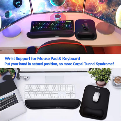 Gimars Elongate Smooth Lycra Fabric Ergonomic Mouse Pad Wrist Support, Gel Memory Foam Cushion Set Keyboard Wrist Rest Support, Pain Relieve for Computer, Laptop, Office, School, Home, Gaming, Black
