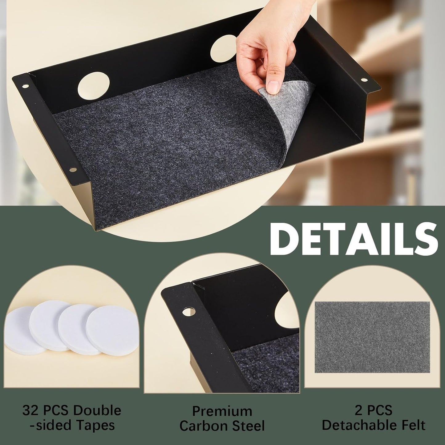 Yaocom 2 Pack Under Desk Hanging Shelf, Carbon Steel Storage Tray with Mute Felt Sheets, Mount Shelves Organizer for Office Home Workstation Gaming Desk Stand up(13x8x2.8 in/Storage Shelf,Black)