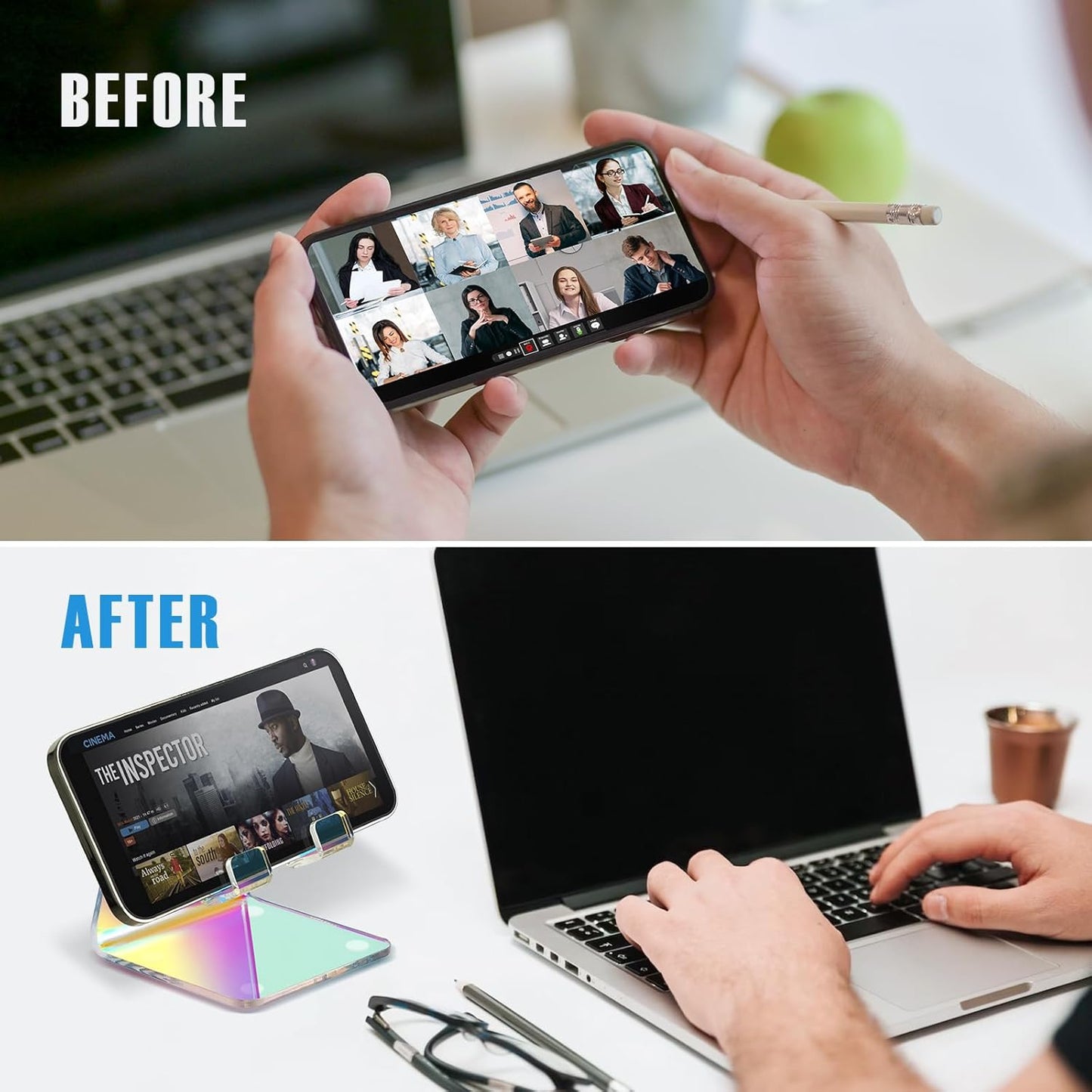 Tomorotec Iridescent Acrylic Cell Phone Stand, Portable Phone Holder for Desk Non-Slip Desktop Smartphones Holder Compatible with iPhone Samsung Galaxy Pixel Phone Cradle Dock Home Office