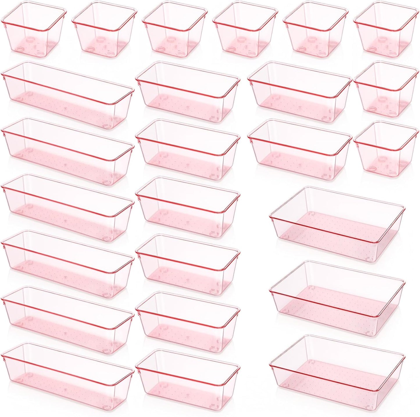 25 Pack Desk Drawer Organizer Set, Small Acrylic Vanity Trays & Storage Bins, Clear Plastic Drawer Organizer Trays for Makeup, Office, Bathroom, Kitchen (Pink)