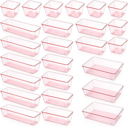 25 Pack Desk Drawer Organizer Set, Small Acrylic Vanity Trays & Storage Bins, Clear Plastic Drawer Organizer Trays for Makeup, Office, Bathroom, Kitchen (Pink)