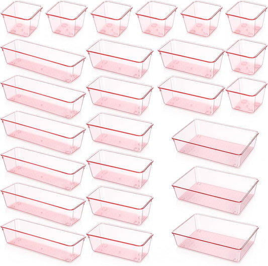 25 Pack Desk Drawer Organizer Set, Small Acrylic Vanity Trays & Storage Bins, Clear Plastic Drawer Organizer Trays for Makeup, Office, Bathroom, Kitchen (Pink)
