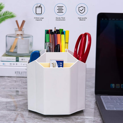 Siveit Desk Pencil Pen Holder, Rotating Pen Organizers 360-Degree 5 Grid Pen Holder for Desktop Storage Stationery Supplies Organizer, Home, Office, School, Kids, Peach Pink