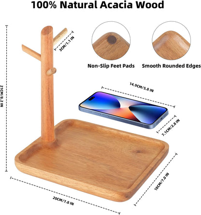 Acacia Wood Key Tray for Entryway Table, Wooden Catchall Organizer with Jewelry Storage Rack, Valet Tray for Keys Wallet Watches Sunglasses Rings(Rectangle)