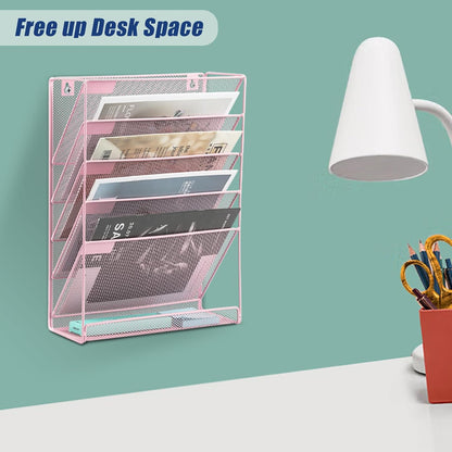 EASEPRES Desk File Organizer Mesh 6-Tier, Hanging Wall Mount Document Organization Stand, Desktop Vertical Mail Paper Folder Holder Rack with Bottom Tray for Office Home Cubicle Countertop, Black