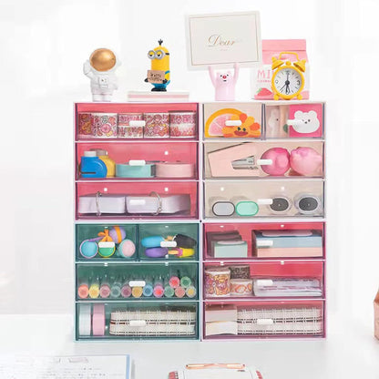Desk Organizer with Drawer, Office Organizer with 4 Drawers, Desk Storage Box for, Desktop, Dressing table, Office, School, Home, Plastic Box and 4 Acrylic Drawers(White)