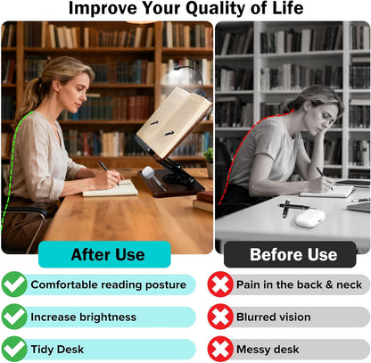 Book Stand with Light & Storage, Book Holders for Reading Hands Free, Wooden Cookbook Stand with Adjustable Height & 360 °Angle for Recipe,Magazine,Laptop,Tablet, Bible