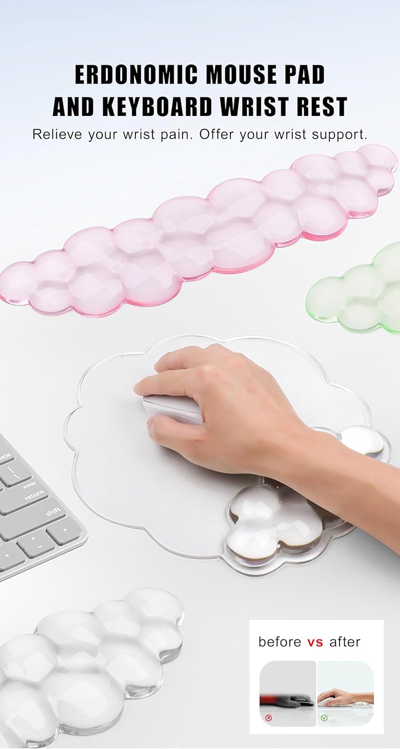 Mouse Pad with Wrist Rest, Soft Cloud Gel Keyboard Mouse Pad Set with Hand Wrist Support, Cute Non Slip Office Desk Accessories for Comfort/Pain Relief/PC Gaming/Computer/Laptop, (Clear Cloud)