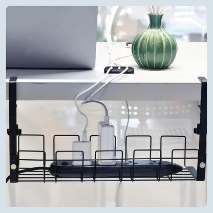 Under Desk Cable Management Tray - 16” No Screw Ready to Install - Hanging Basket Box for Wire Management - Sturdy Desk Cable Tray Organizer fits Two Power Cords - Ideal for Home & Office - 11pc Set
