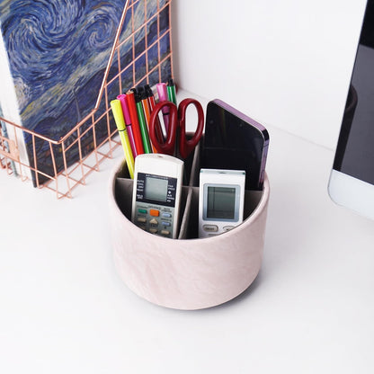 Hennaja Round Leather Art Supply Organizer,Remote Control Holder,360 Degree Rotating,Multi-Functional Pencil Holder,4 Compartments Desktop Stationary Organizer(1-Blue Bird) - Colors B