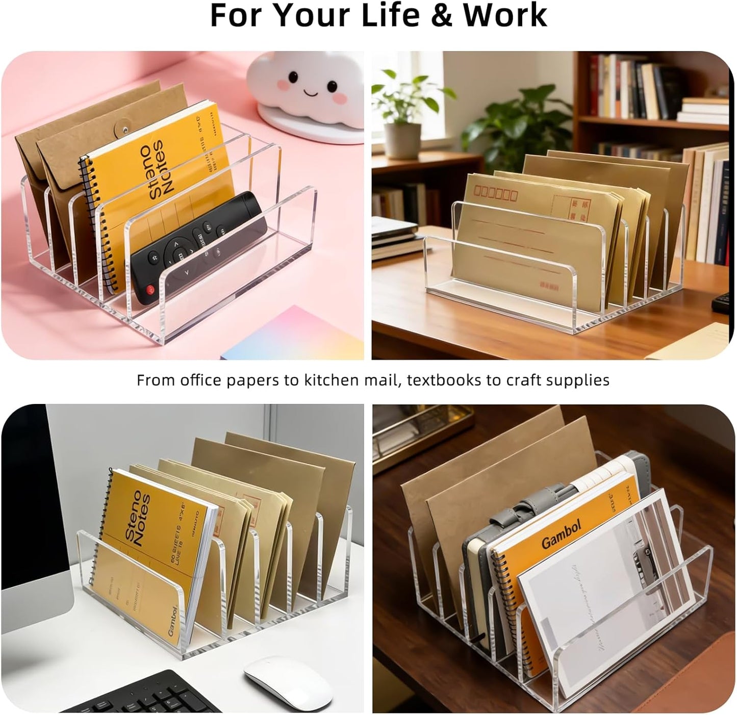 Clear Acrylic Desk Organizer – 3 Compartment Mail Holder & Letter Sorter for Office, Bills, Documents, Notebooks, Letter Tray – Modern Vertical File Rack for Home, Desk File Holder