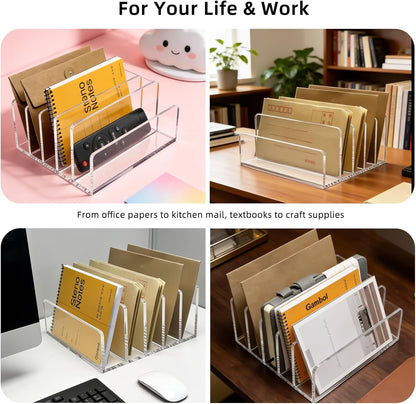 Clear Acrylic Desk Organizer – 3 Compartment Mail Holder & Letter Sorter for Office, Bills, Documents, Notebooks, Letter Tray – Modern Vertical File Rack for Home, Desk File Holder