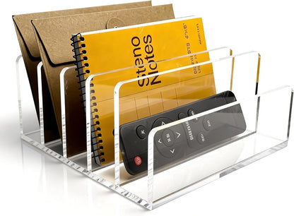 Clear Acrylic Desk Organizer – 3 Compartment Mail Holder & Letter Sorter for Office, Bills, Documents, Notebooks, Letter Tray – Modern Vertical File Rack for Home, Desk File Holder