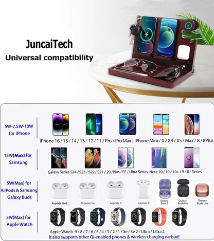 Nightstand Organizer with 4 Wireless Charger for 2 iPhone/Android Phone,Apple Watch,Airpod,Wood Phone Docking Station,27W Fast Wireless Charging Station,Wallet/Key Holder,Gifts for Dad/Men