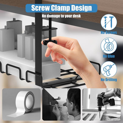 Under Desk Cable Management Tray, No Drill Steel Cord Organizer Kit with 52Pcs Different Essential Accessories for Home Office Standing Desk (13.4inch, Black)