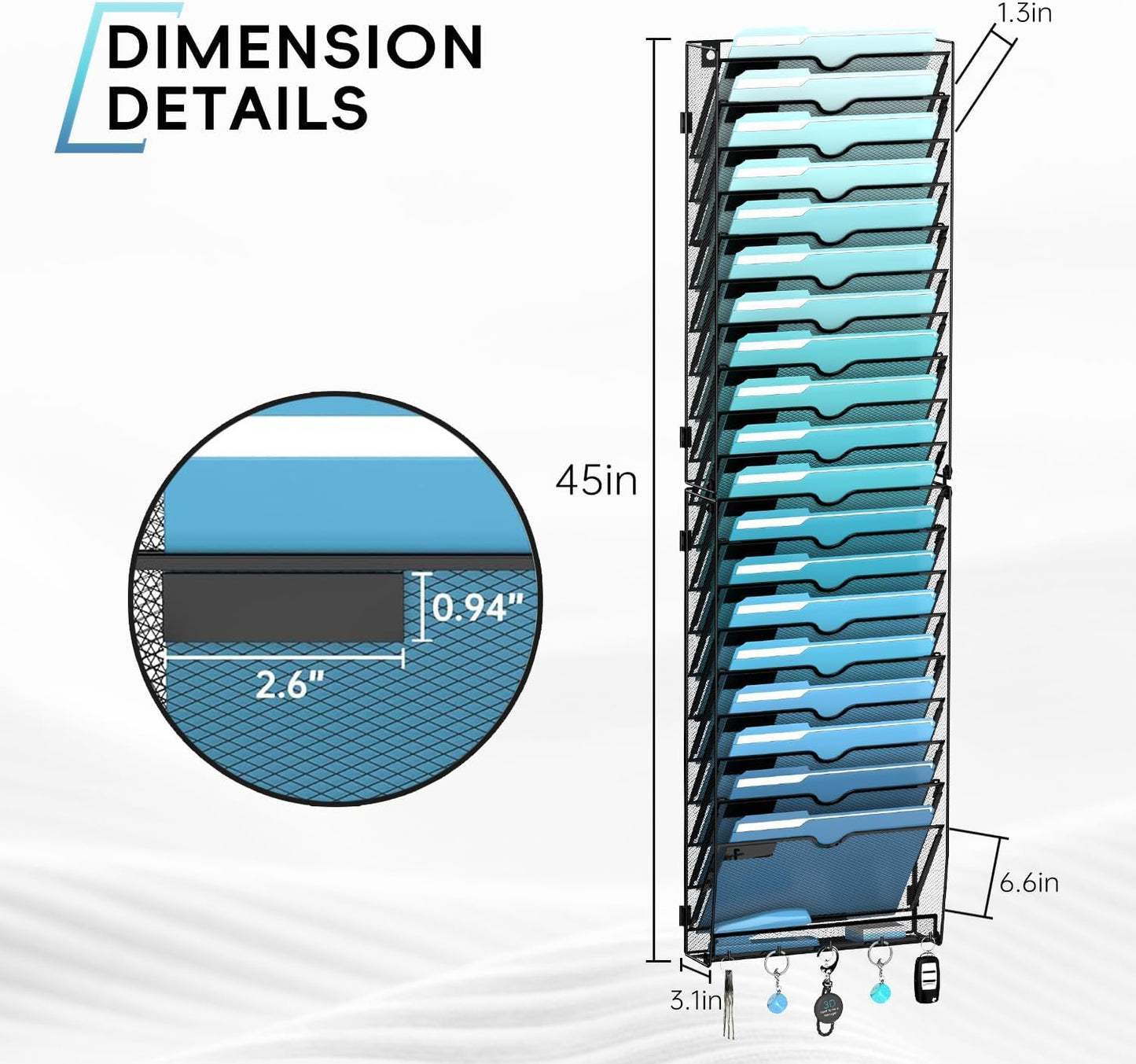 5 Tier Wall File Organizer - Hanging File Organizer with 5 Hooks, Mail Holder Wall Mounted for Papers, Folders, Magazines, Bills, Office&School Organization, Black