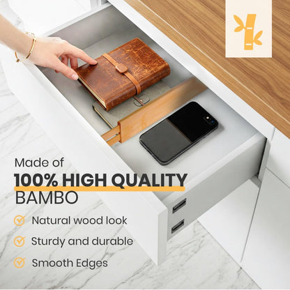 Adjustable Bamboo Drawer Dividers, Drawer Organizer for Kitchen, Bedroom, Bathroom, Office Desk, Dresser Nursery & Silverware, Natural Wooden Separators with Soft Foam Ends, Expandable