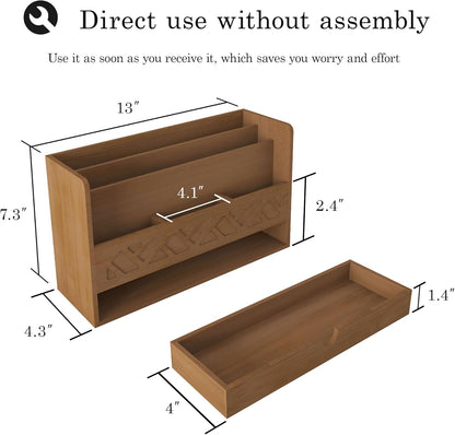 Bamboo Mail Organizer Countertop Desktop with Drawer - Desk Organizer with File Organizer for Office Supplies All-in-One Desk File Organization with Pencil Holder for Paper Letter Envelope Bill