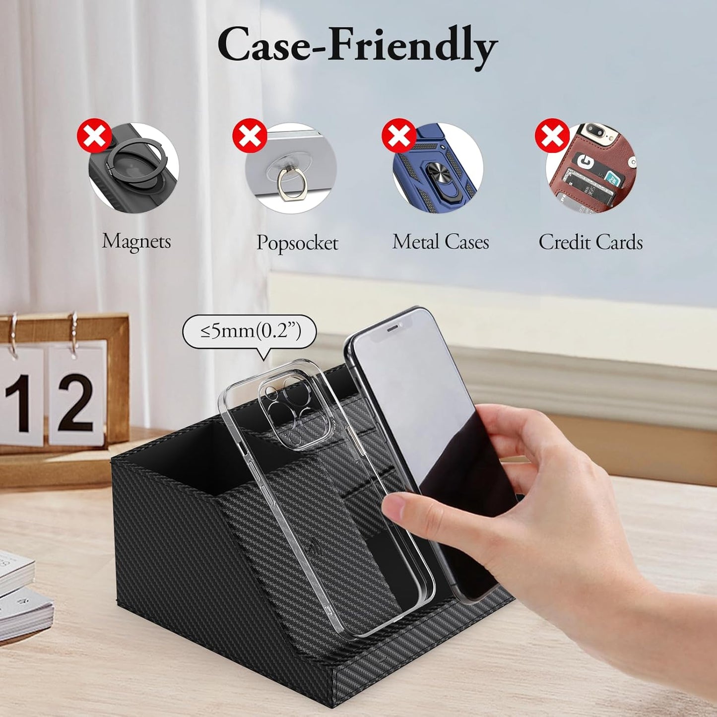 TopMade Wireless Charger Desk Nightstand Organizer, Leather Pen Holder Office Supplies Desk Accessories Fast Charging Station, Remote Control Holder, for iphone Charger Stand Gifts for Men (Black)
