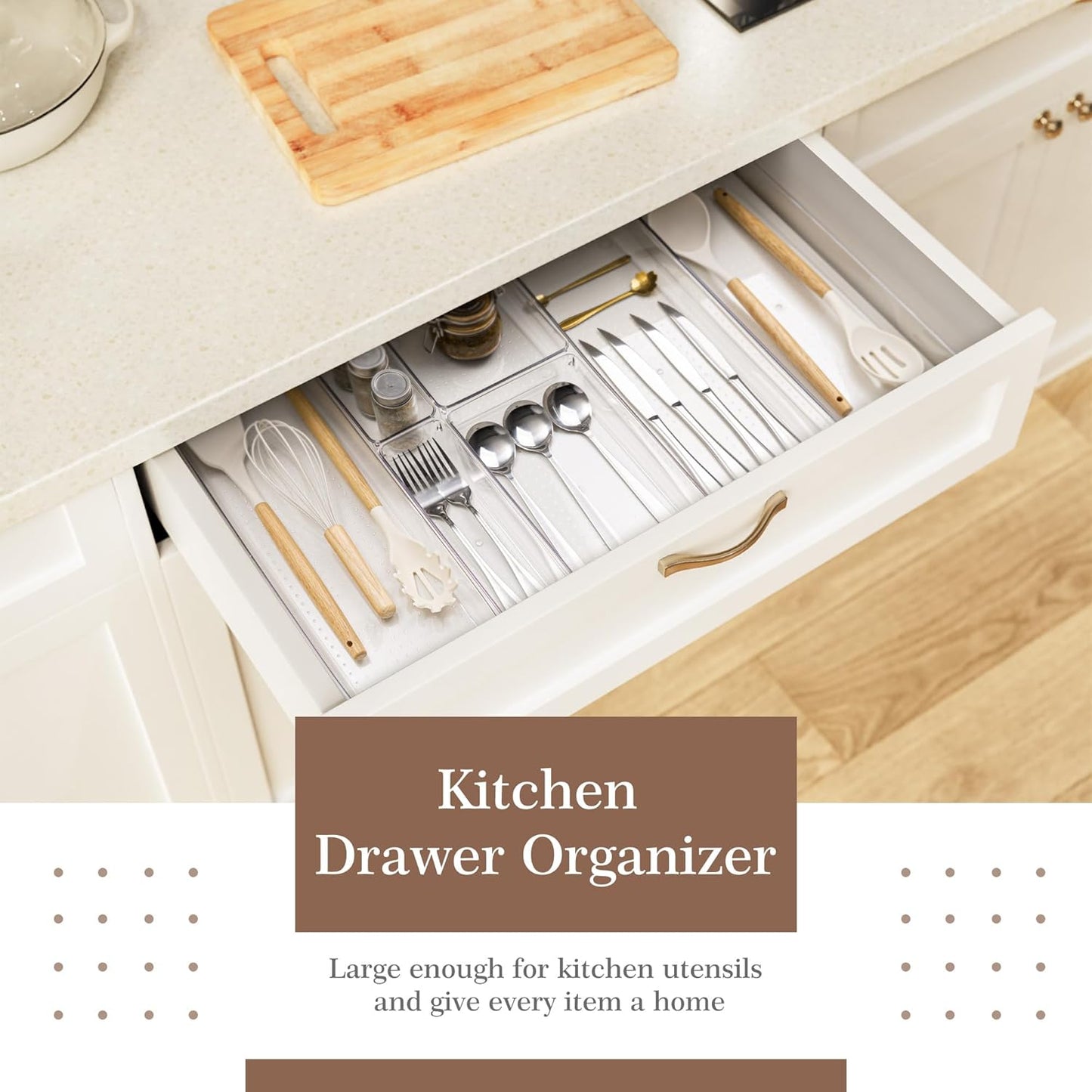 Criusia Drawer Organizer, 10 Pack Large Clear Plastic Set, 3 Size Versatile Bathroom and Vanity Organizer Trays, Storage Bins for Makeup, Bedroom, Kitchen Utensils